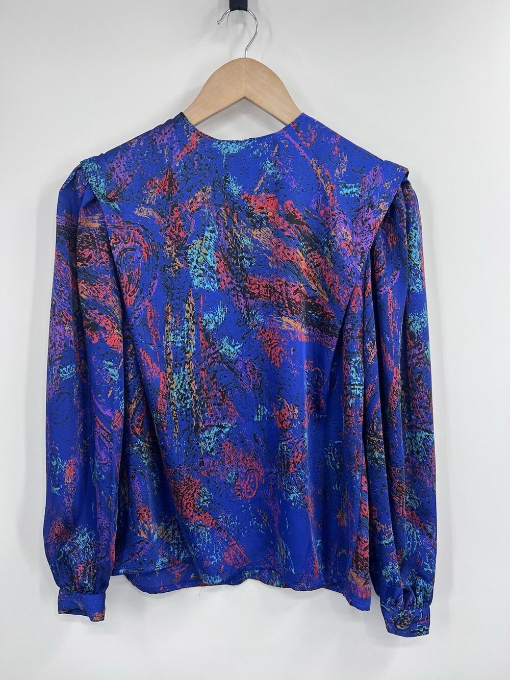 Vintage 80s Blue Multicolor Spatter Long Sleeve Structured Blouse Tess 2P